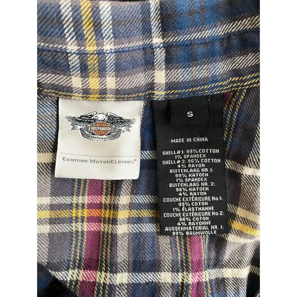 Harley Davidson Womens Blue Plaid Cotton Gauzy Long Sleeve Button Up Shirt Biker